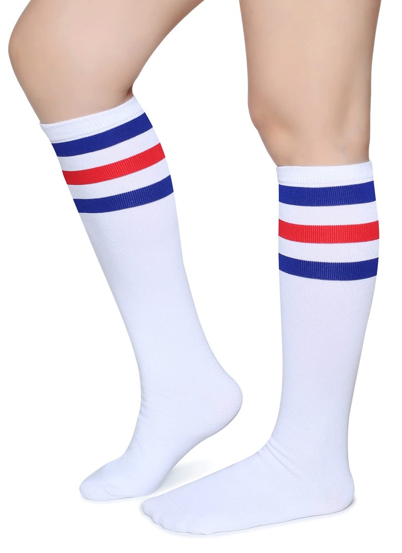 Pareberry Triple Stripes Soft Cotton Knee High Tube Socks for Men and Women (Blue/Red/White) - Image 1